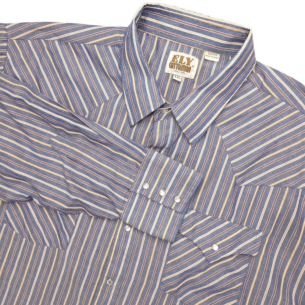 Ely Cattleman Shirt Mens 2XL Blue‎ Stripe Western Pearl Snap Long Sleeve Cowboy
